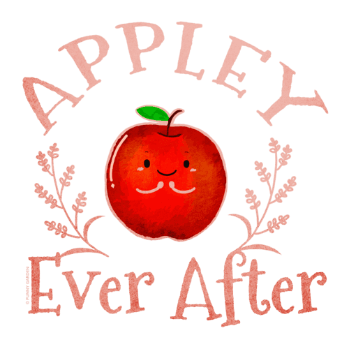 Illustration of a happy apple character with pun: Appley Ever After