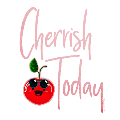 Cute illustrated cherry character with pun: Cherrish Today
