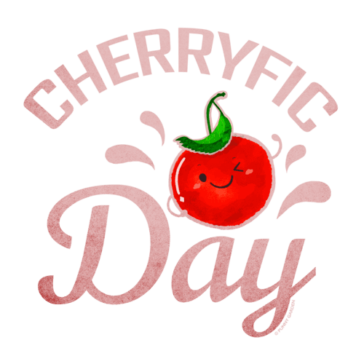Cherryfic Day Illustration of a cute smiling cherry fruit character winking its eye with pun: Cherryfic Day