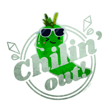 Chilin Out Illustration of a green chili character with sunglasses and pun: Chilin Out