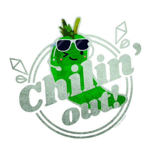 Illustration of a green chili character with sunglasses and pun: Chilin Out