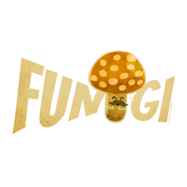 Fungi Illustration of a cute mushroom character with a large mustache and pun: Fungi