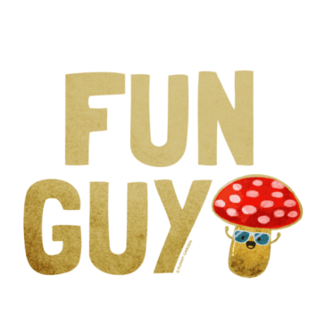 Fun Guy Cute illustration of a mushroom character with red cap with pink polka dot and pun: Fun Guy