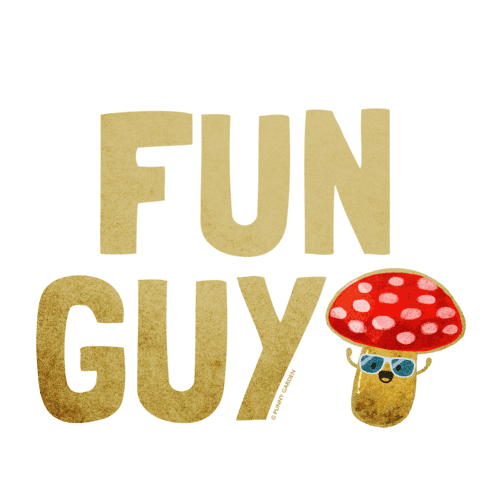 Cute illustration of a mushroom character with red cap with pink polka dot and pun: Fun Guy