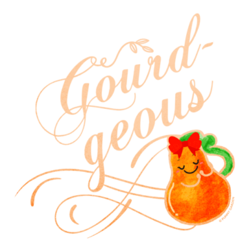Gourdgeous Illustration of a happy gourd character weaing a red bow tie and pun: Gourdgeous