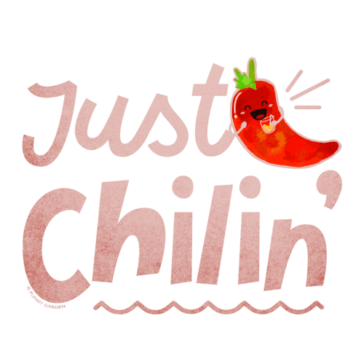 Just Chilin Illustration of a happy and relaxing red chili character drinking a cool drink with the pun: Just Chilin