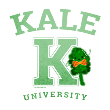 Kale University Illustration of a kale vegetable leaf with orange strip bow tie and pun: Kale University