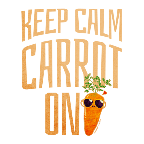 Illustration of a cute orange character wearing sunglasses and pun: Keep Calm Carrot On