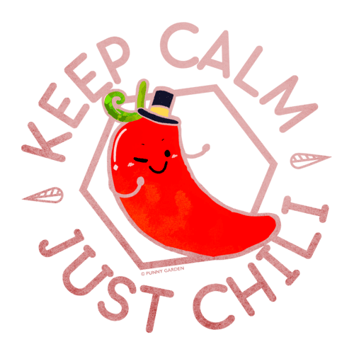 Illustration of a red chili character with pun: Keep Calm Just Chili
