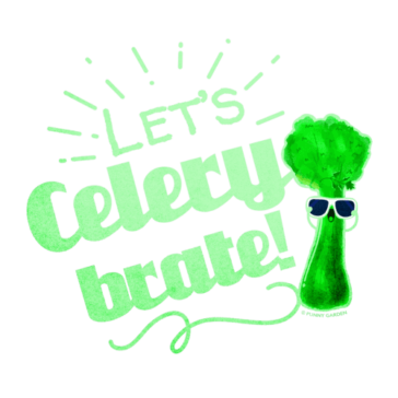 Let’s Celerybrate Illustration of a celery character wearing sunglasses and pun: Let's Celerybrate!