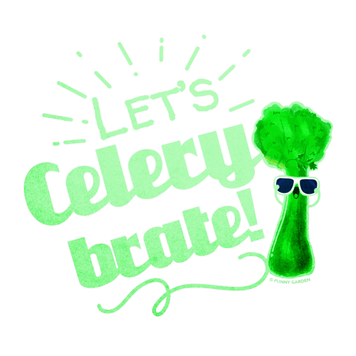 Illustration of a celery character wearing sunglasses and pun: Let's Celerybrate!