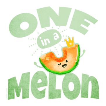 One in a Melon – Cantaloupe Pun Hand drawn illustration of a cantaloupe fruit character weaing a golden crown with pun: One in a Melon