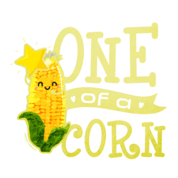One of a Corn Hand drawn whimsical corn character holding a bright yellow star with pun: One of a Corn