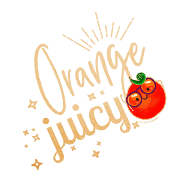 Orange Juicy Hand drawn illustration of a orange fruit character wearing purple glasses with pun: Orange Juicy
