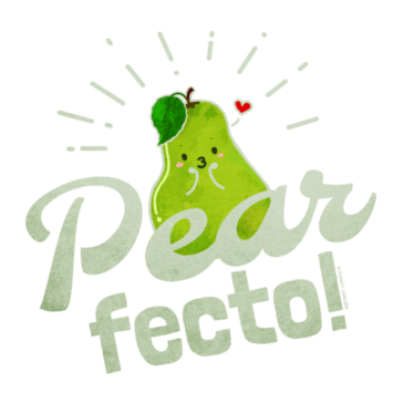 Pearfecto Funny green fruit pear character with pursed lips and pun: Pearfecto!