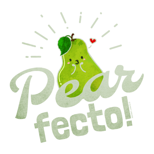 Funny green pear character with pursed lips and pun: Pearfecto!
