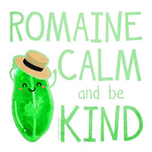 Smiling romaine lettuce character wearing a hat with fun pun quote: Romaine Calm and be Kind