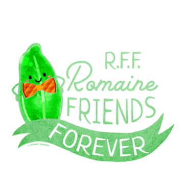 Romaine Friends Forever Bright romaine lettuce character with stripe orange bow tie and pun: Romaine Friends Forever