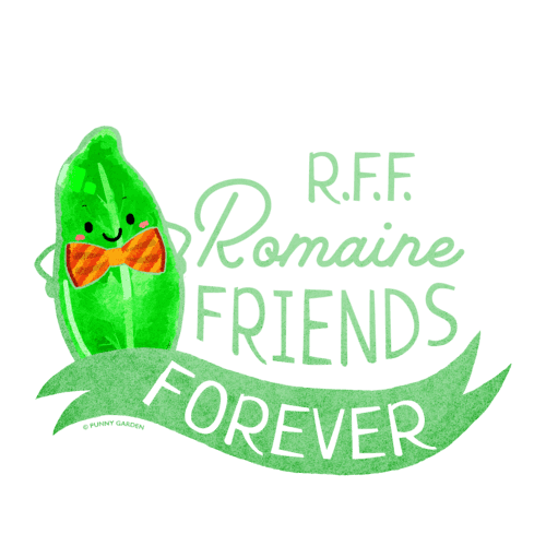 Bright romaine lettuce character with stripe orange bow tie and pun: Romaine Friends Forever