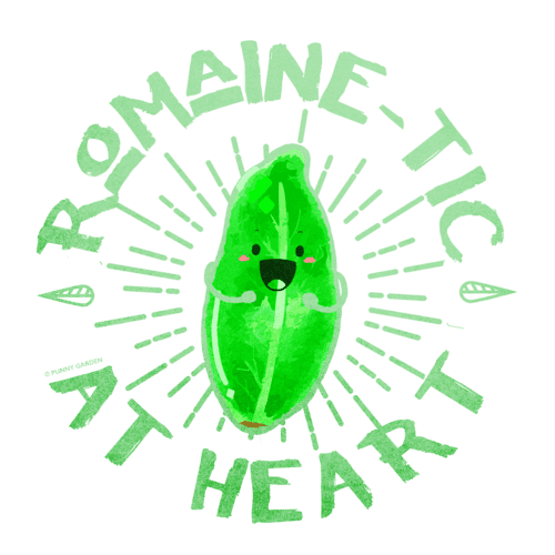 Happy romaine lettuce character with pun: Romaine-Tic at Heart