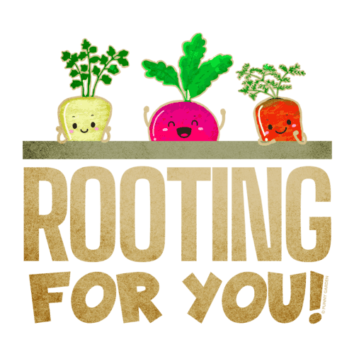 3 happy vegetable root characters turnip, radish, carrot and pun: Rooting For You