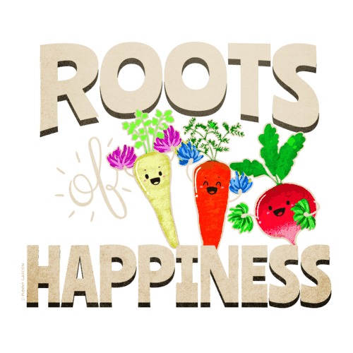 Vegetable root characters turnip, carrot, radish holding pom pom with pun: Roots of Happiness