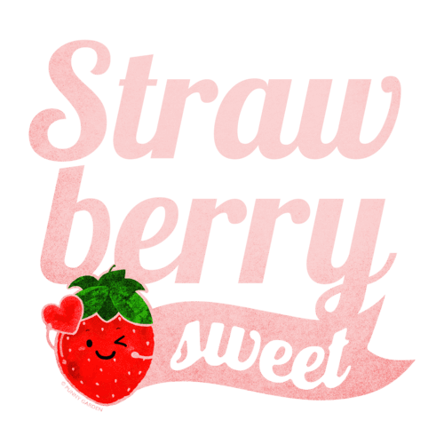 Illustration of a strawberry character holding a red heart with pun: Strawberry Sweet