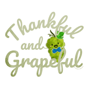 Thankful and Grapeful Illustration of a green grape fruit character with blue bow tie and pun: Thankful and Grapeful