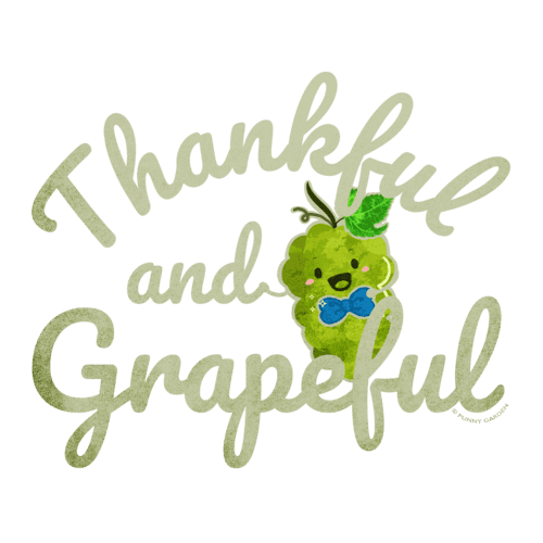 Illustration of a green grape fruit character with blue bow tie and pun: Thankful and Grapeful