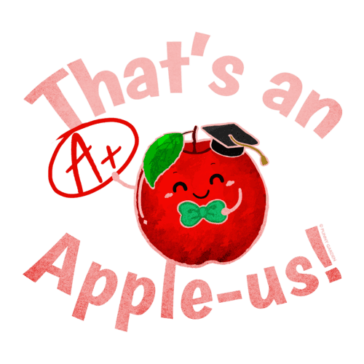 That’s an Apple-us Illustration of a apple fruit character wearing a graduation cap and pun: That's an Apple-us