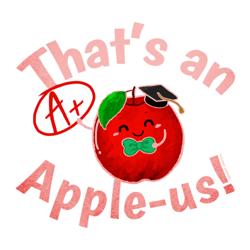 Illustration of a apple fruit character wearing a graduation cap and pun: That's an Apple-us