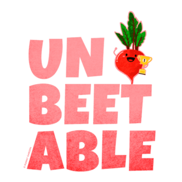Unbeetable Happy red beet character with trophy and pun: Unbeetable