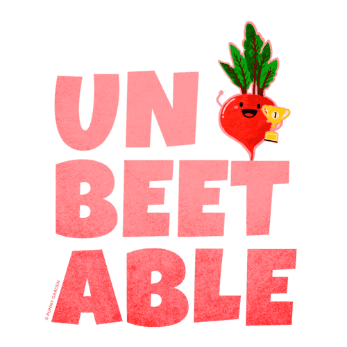 Happy red beet character with trophy and pun: Unbeetable