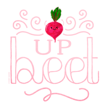 Upbeet Cute winking red beet character with pun: Upbeet