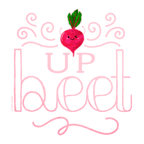 Cute winking red beet character with pun: Upbeet