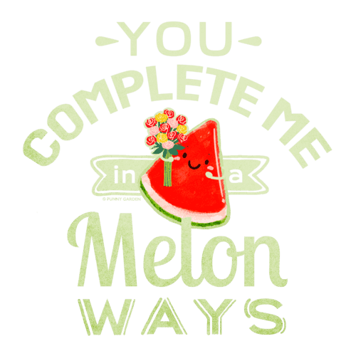 Cute watermelong character with beautiful flower bouquet and pun: You complete me melon of ways